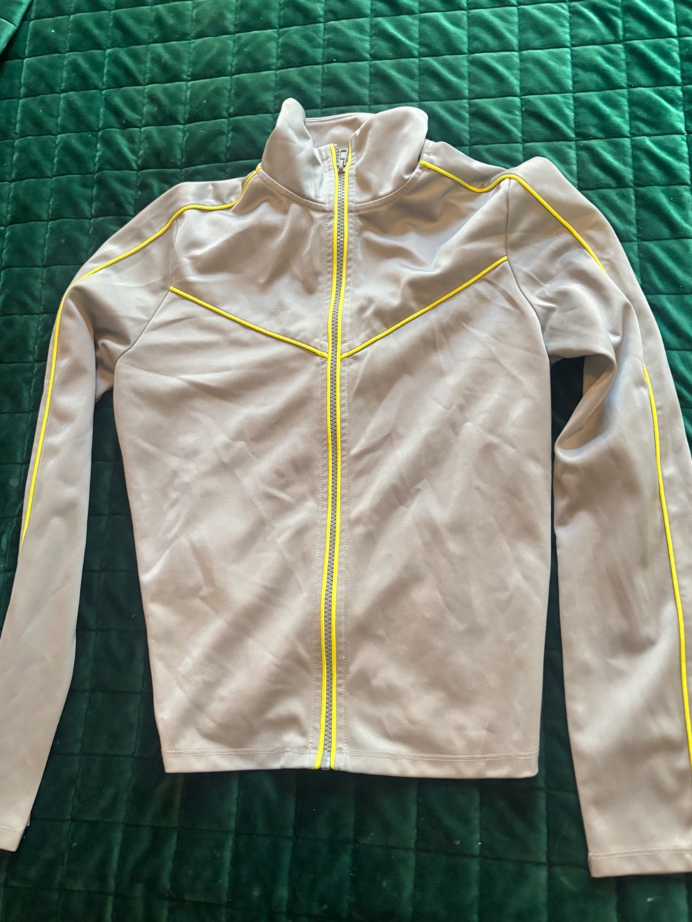 Women's Taupe Zip-Front Jacket with Yellow Trim